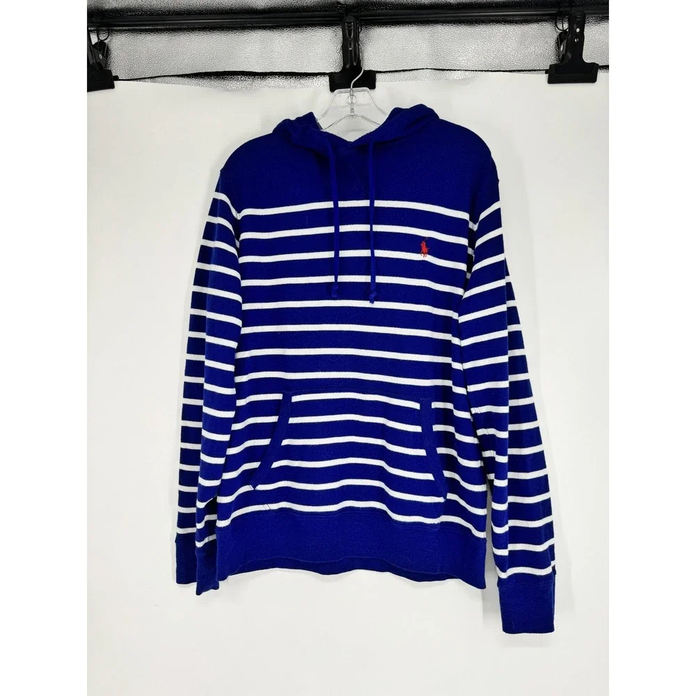 Polo Ralph Lauren Sweater Hoodie Mens Large Blue White Striped Knit Pullover